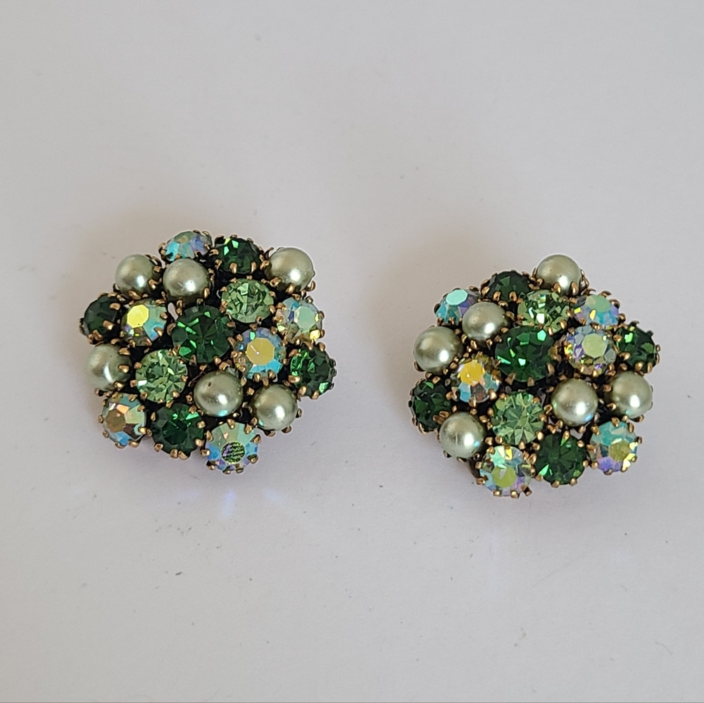 Vintage Mid Century Mod Gold Green Crystal AB Rhinestone Chunky Clip-On Earrings - Picture 3 of 9